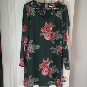 Skies Are Blue Dk Green Chiffon Floral Shift Dress